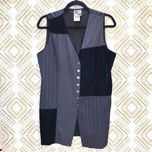 Vintage Patchwork Velvet Vest Womens L Black Gray Button Front Waistcoat Layer